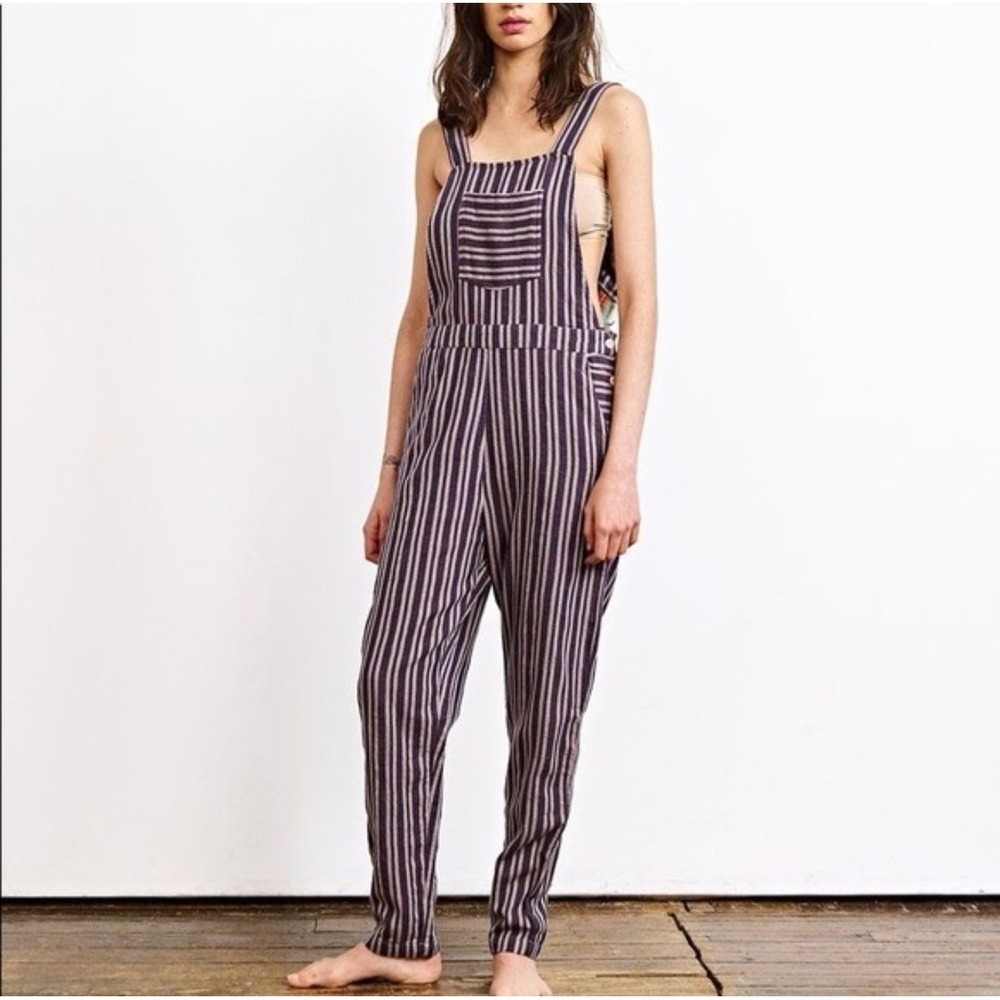 Ace & Jig Channel Striped Cotton Blend Overalls Charcoal Cream Jumpsuit Size L